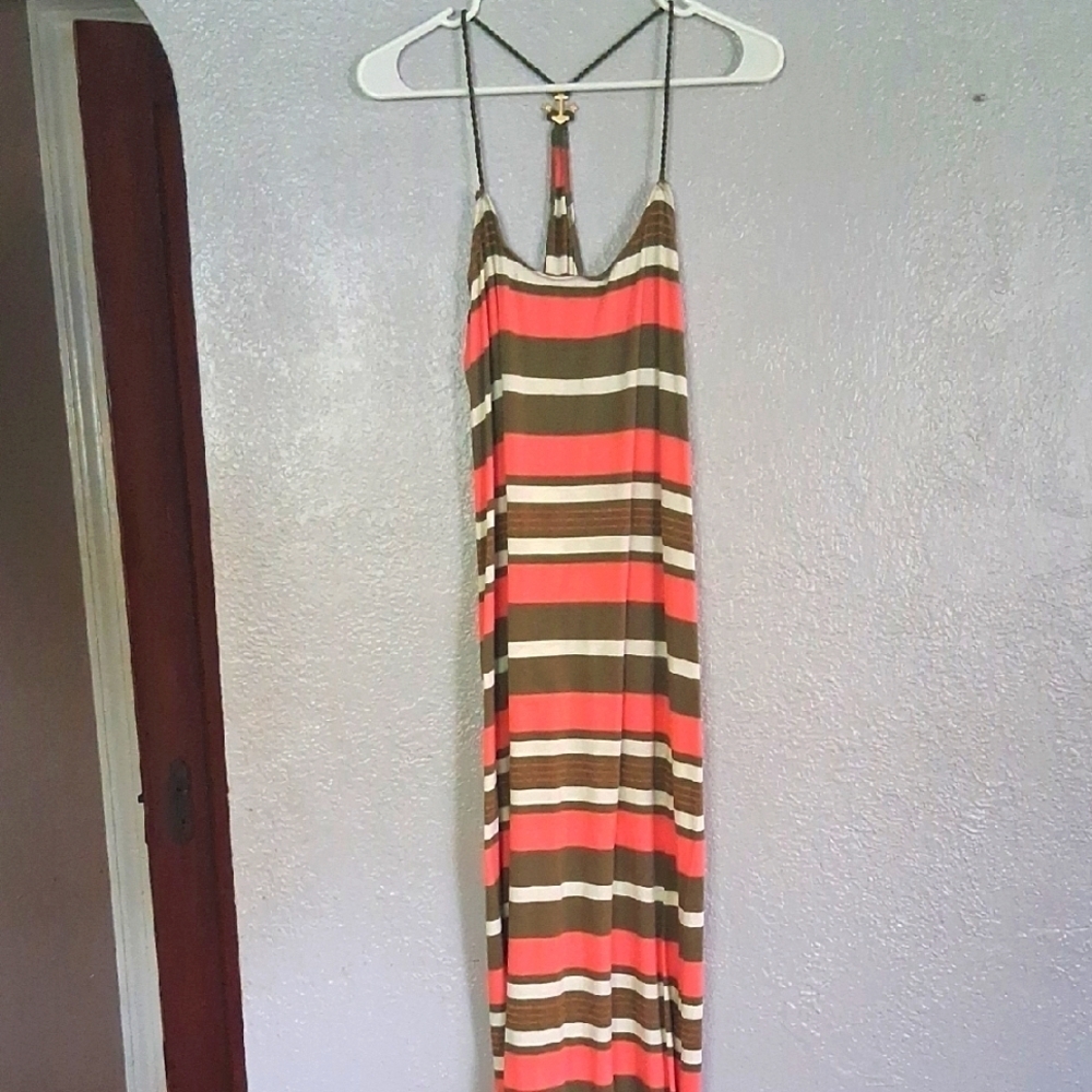 Sperry Striped Maxi Dress in Coral and Olive Nautical Anchor Hook S